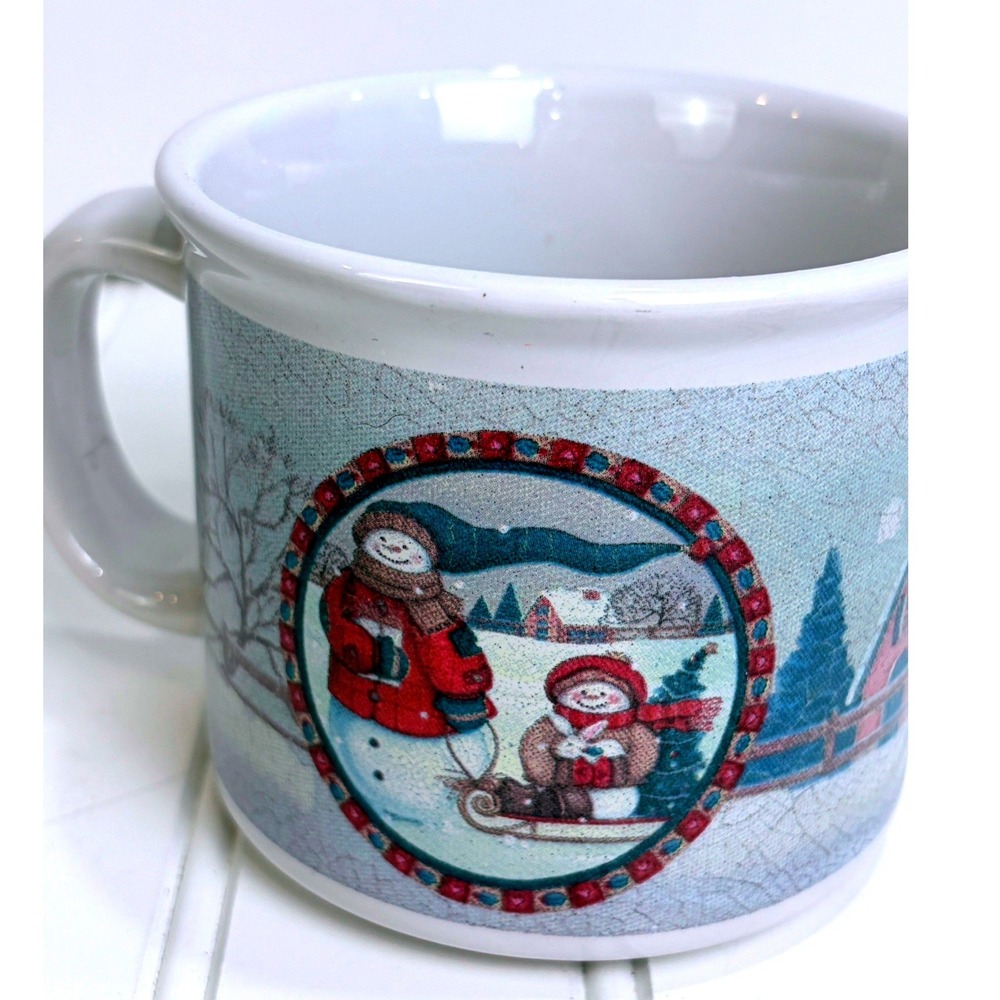 Susan Winget Certified International Snowman Mug Blue Crackle Glaze Sledding
